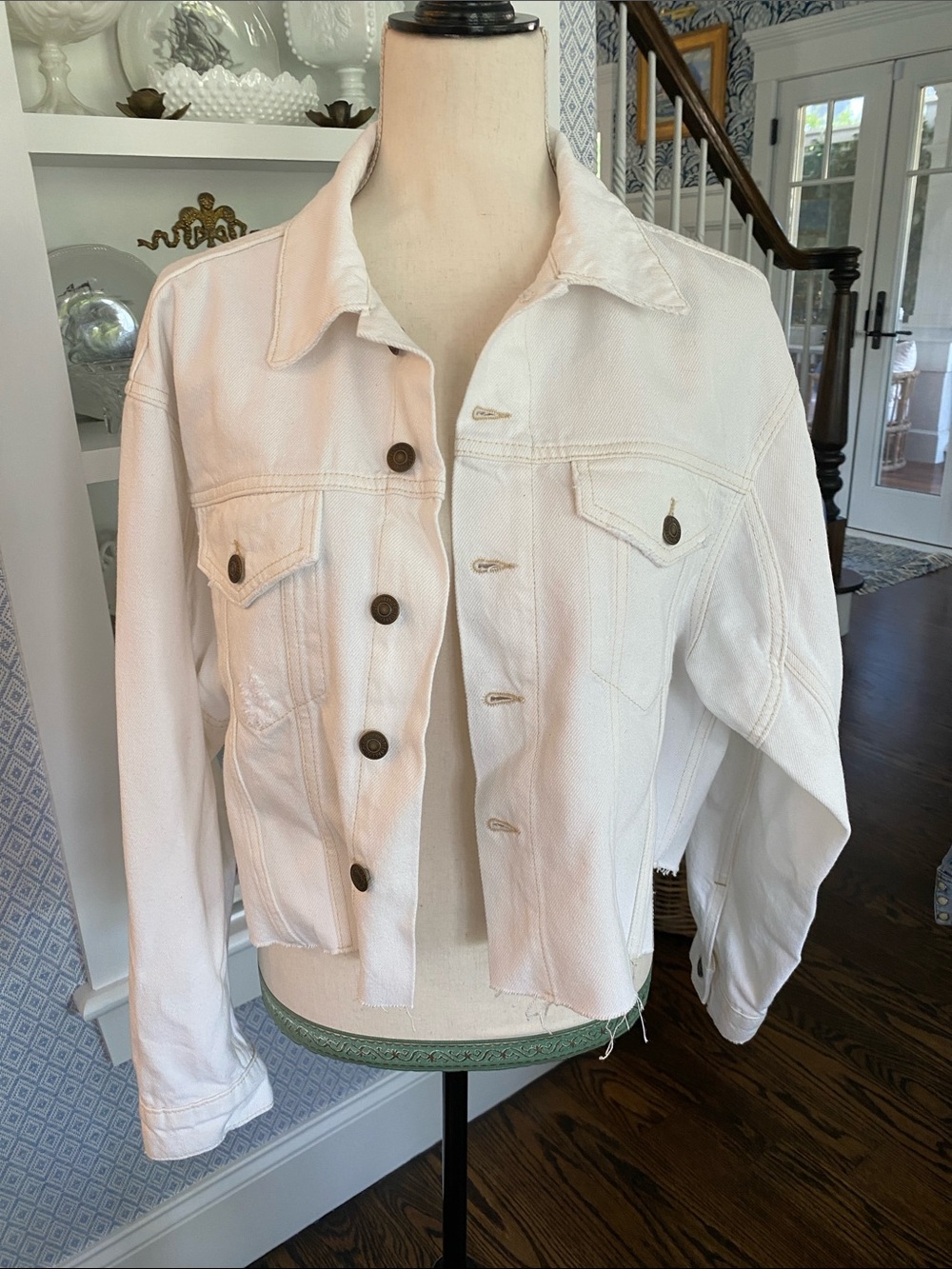 We The Free White Cropped Denim Jacket with Button-Front